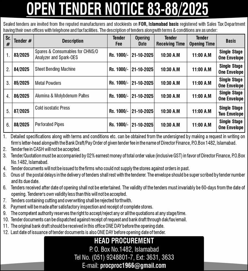 Public Sector Organization Islamabad Tender Notice